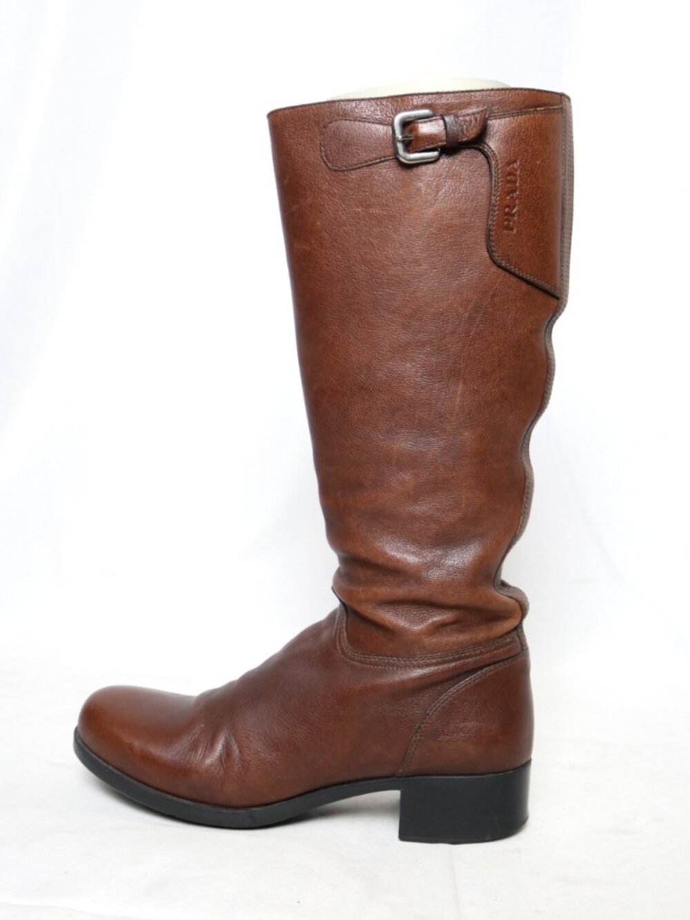 Prada chestnut brown leather knee high moto biker riding boots